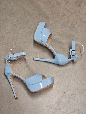 Sky Blue High Heel Platform Sandals With Ankle Strap Buckle Closure For Women
